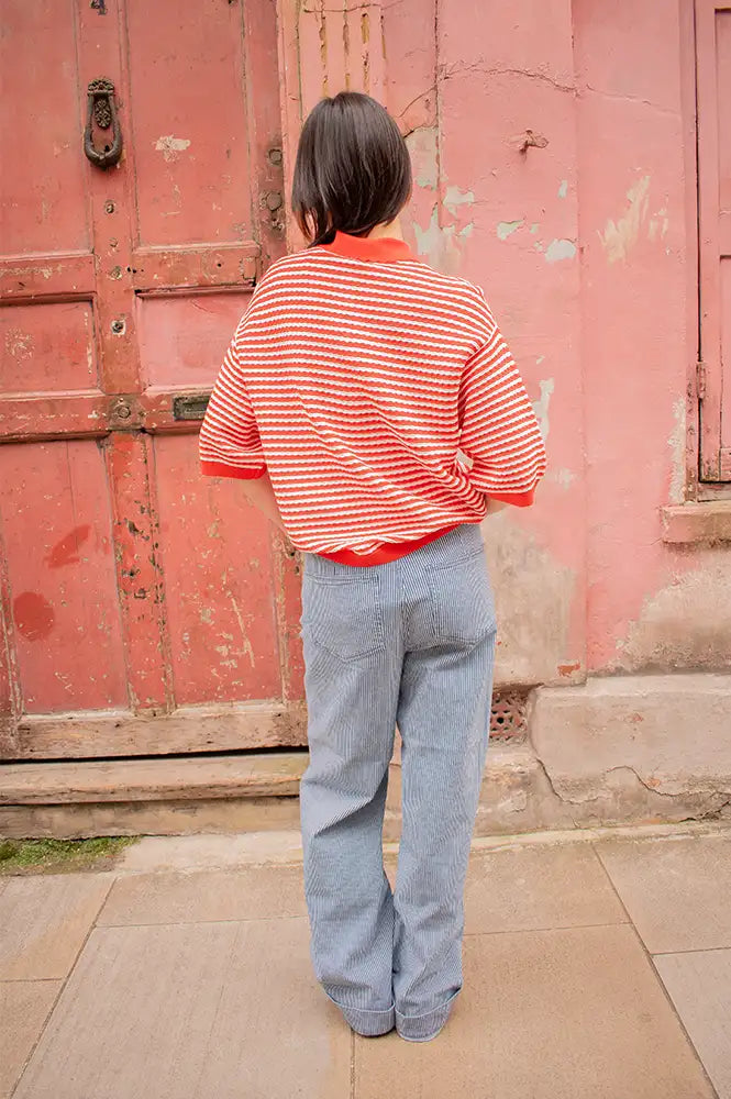 Stella Nova Red & Creme Knitted Polo Top - The Mercantile London