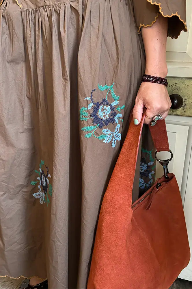 Stella Nova Embroidered Brown Loose Midi Dress