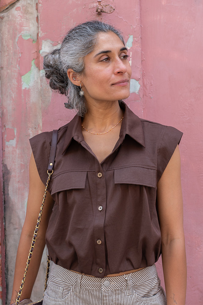ICHI Stella Chestnut Sleeveless Shirt - The Mercantile London