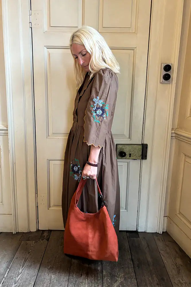 Stella Nova Embroidered Brown Loose Midi Dress