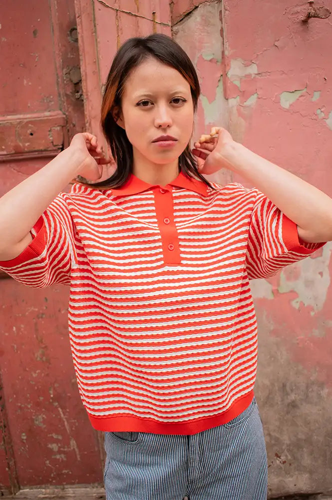 Stella Nova Red & Creme Knitted Polo Top - The Mercantile London