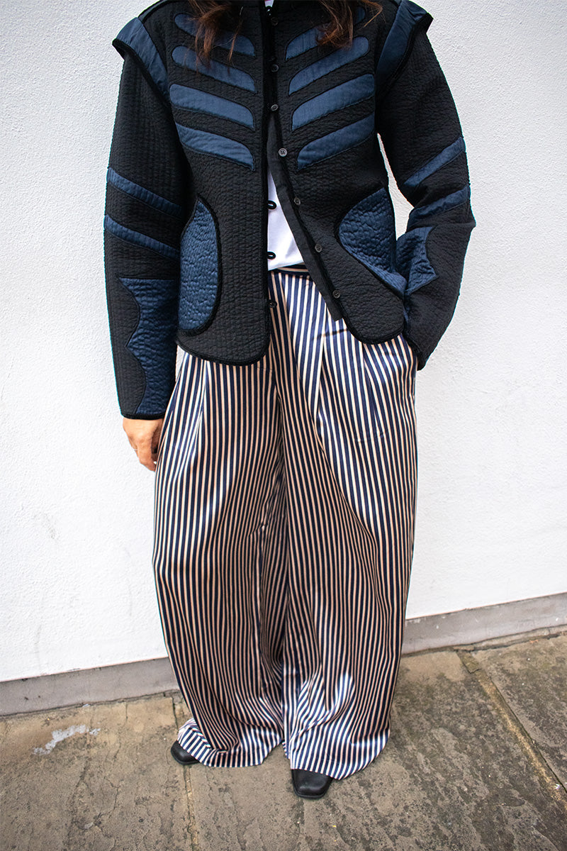 Stella Nova Creme And Navy Striped Silk Trousers - The Mercantile London