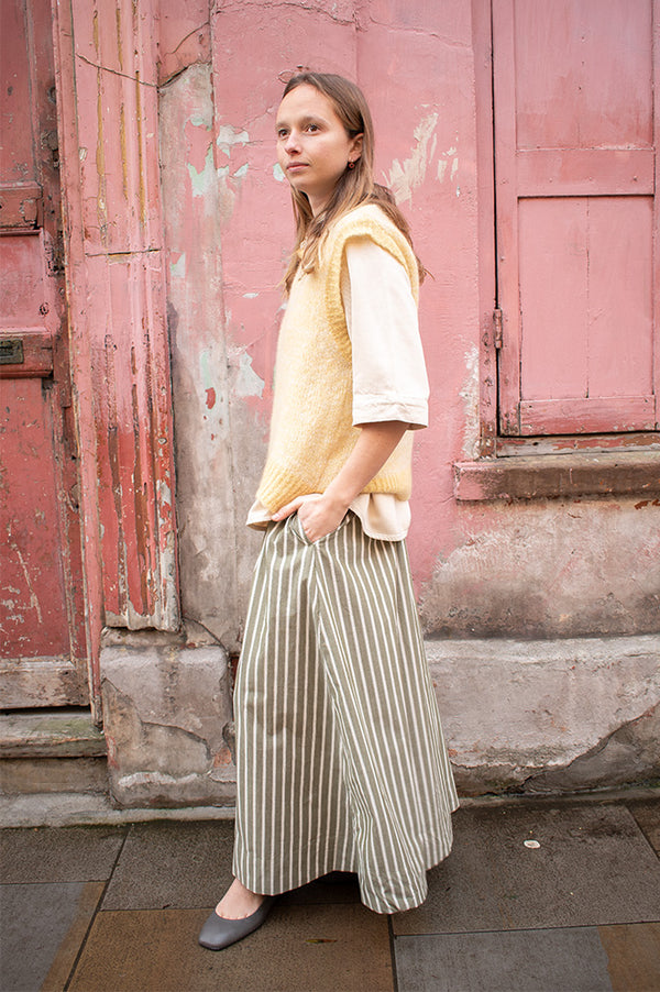 Yerse Hunter Green Stripes Cotton Poplin Skirt
