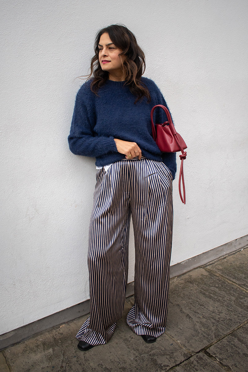 Stella Nova Creme And Navy Striped Silk Trousers - The Mercantile London