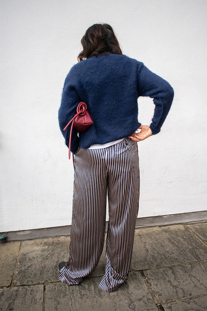 Stella Nova Creme And Navy Striped Silk Trousers - The Mercantile London