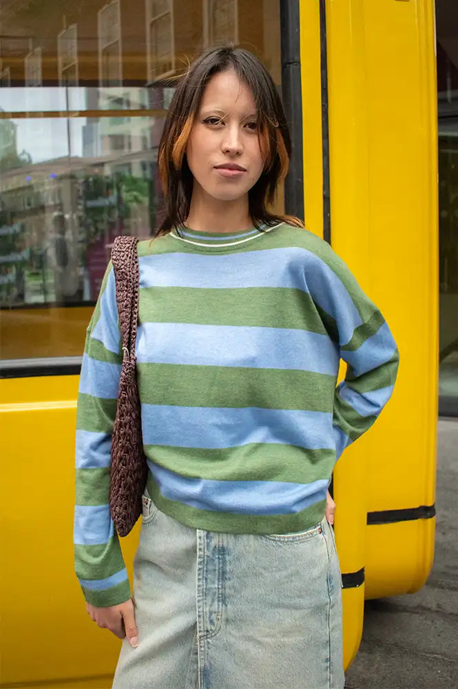 FRNCH Ivana Green And Blue Striped Jumper