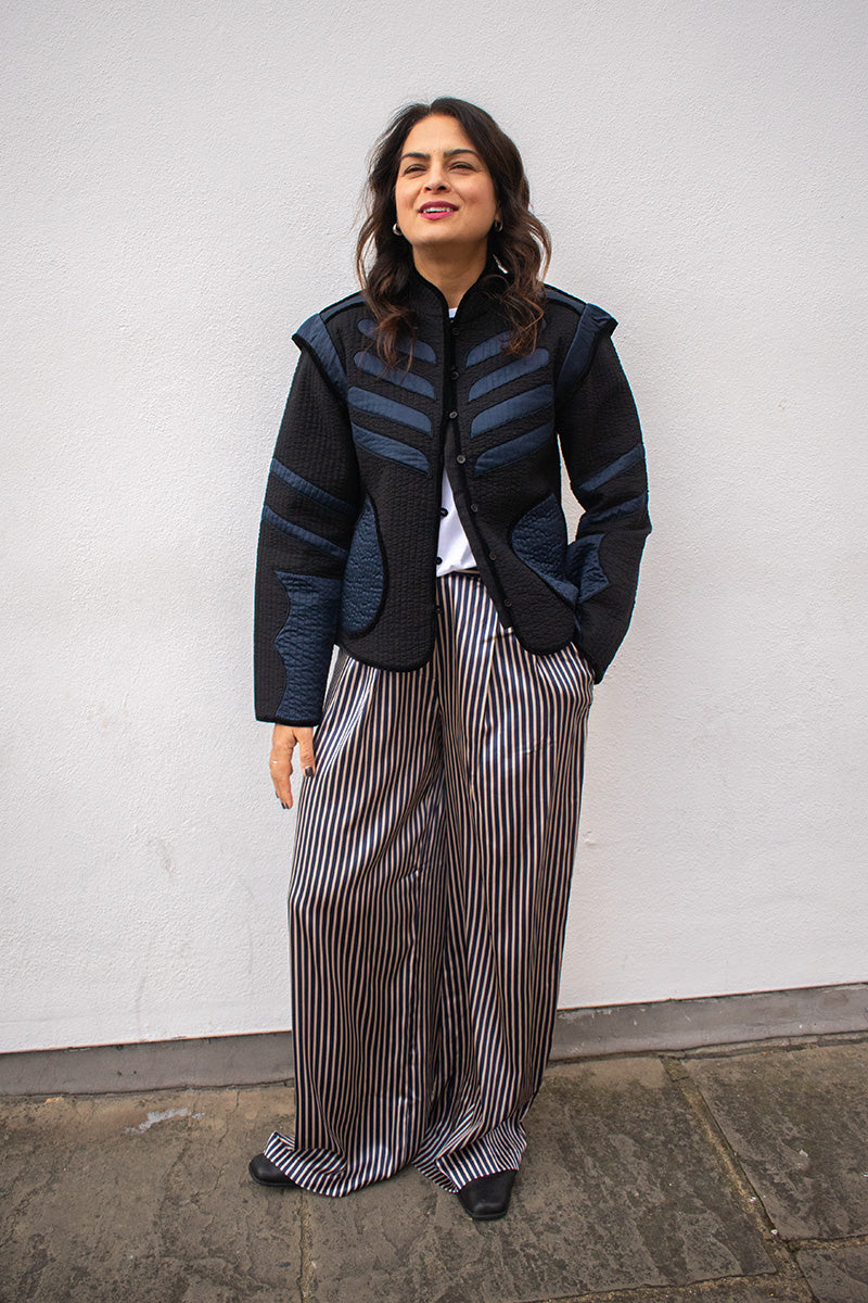 Stella Nova Creme And Navy Striped Silk Trousers - The Mercantile London