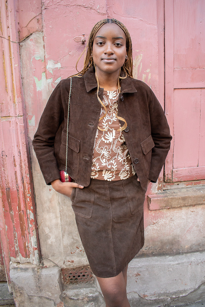 Fransa Cordeila Suede Brown Mini Skirt - The Mercantile London