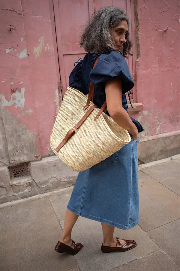 Mikwi Leather Buckled Woven Basket Bag