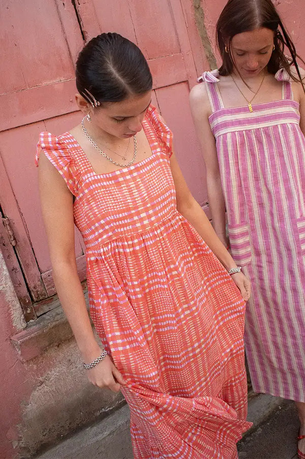 Tanavana Sia Orange Tartan Checked Dress - The Mercantile London