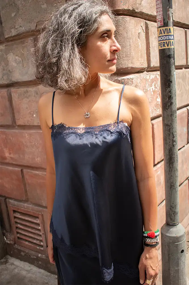 Damson Madder Tansy Navy Satin And Lace Cami