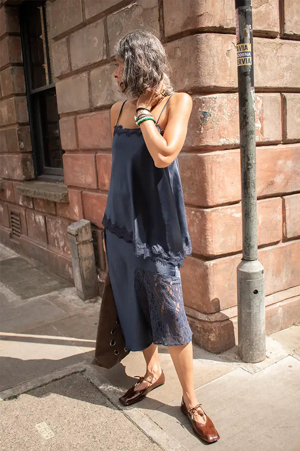 Damson Madder Tansy Navy Satin And Lace Cami