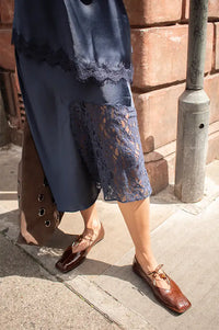 Damson Madder Elea Navy Satin And Lace Midi Skirt
