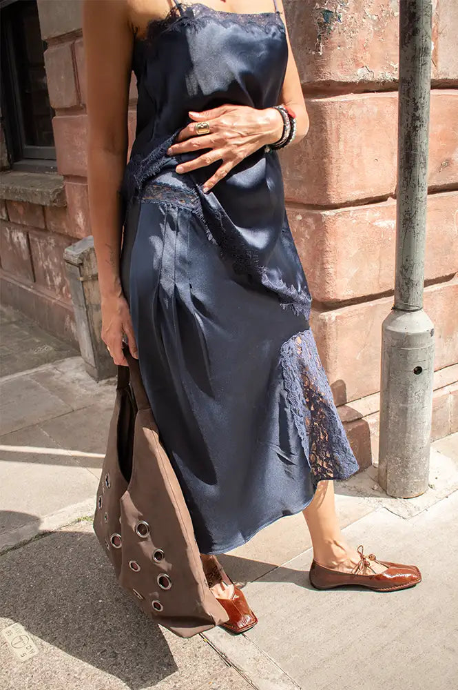 Damson Madder Elea Navy Satin And Lace Midi Skirt