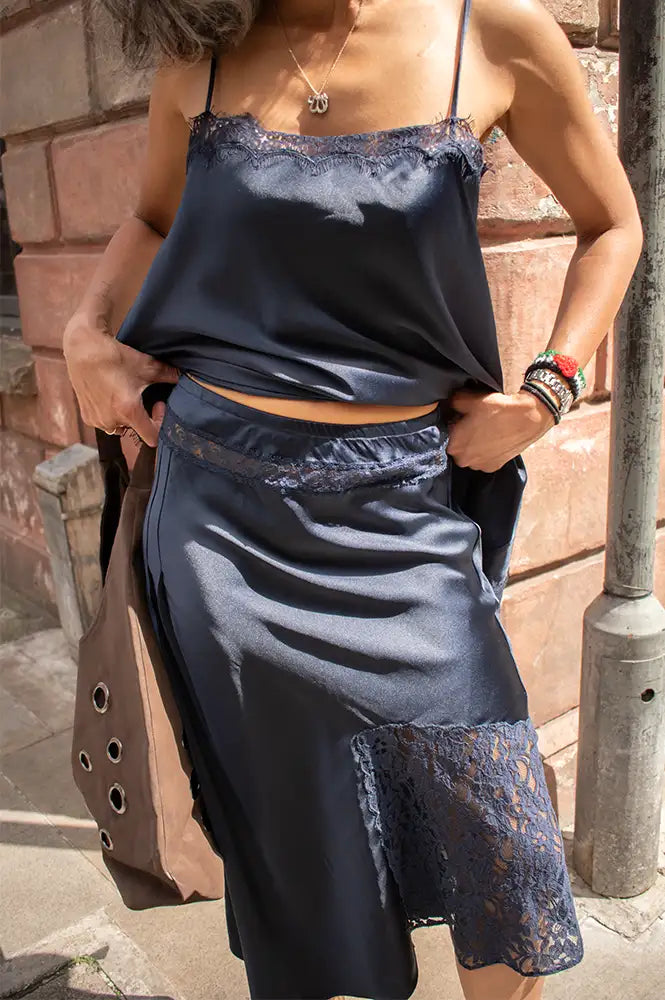 Damson Madder Elea Navy Satin And Lace Midi Skirt