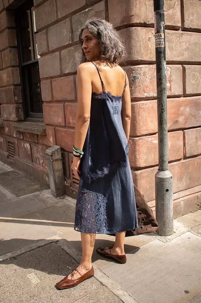 Damson Madder Elea Navy Satin And Lace Midi Skirt