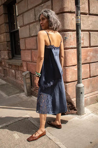 Damson Madder Elea Navy Satin And Lace Midi Skirt