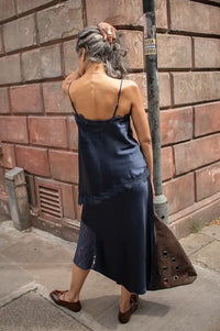 Damson Madder Elea Navy Satin And Lace Midi Skirt