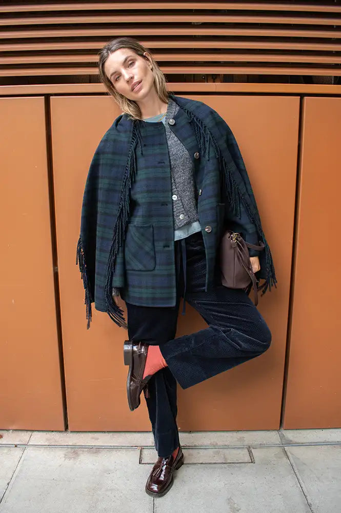 Yerse Checked Short Coat With Tasseled Scarf Detail
