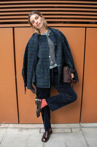 Yerse Checked Short Coat With Tasseled Scarf Detail