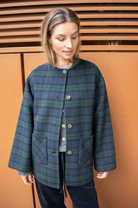 Yerse Checked Short Coat With Tasseled Scarf Detail