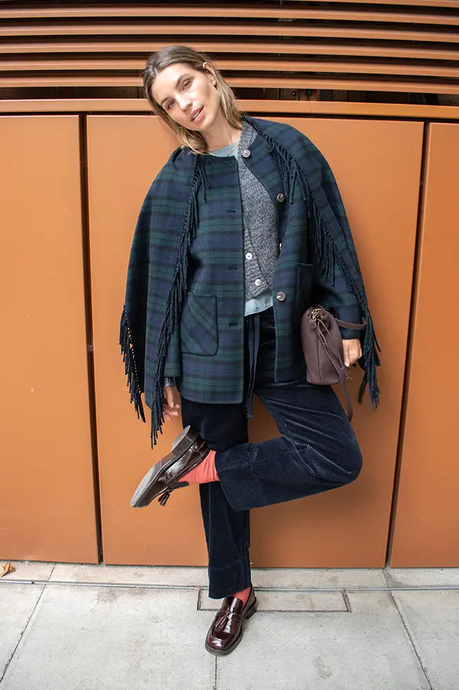 Yerse Checked Short Coat With Tasseled Scarf Detail