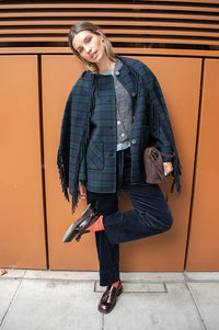 Yerse Checked Short Coat With Tasseled Scarf Detail