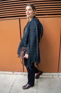 Yerse Checked Short Coat With Tasseled Scarf Detail