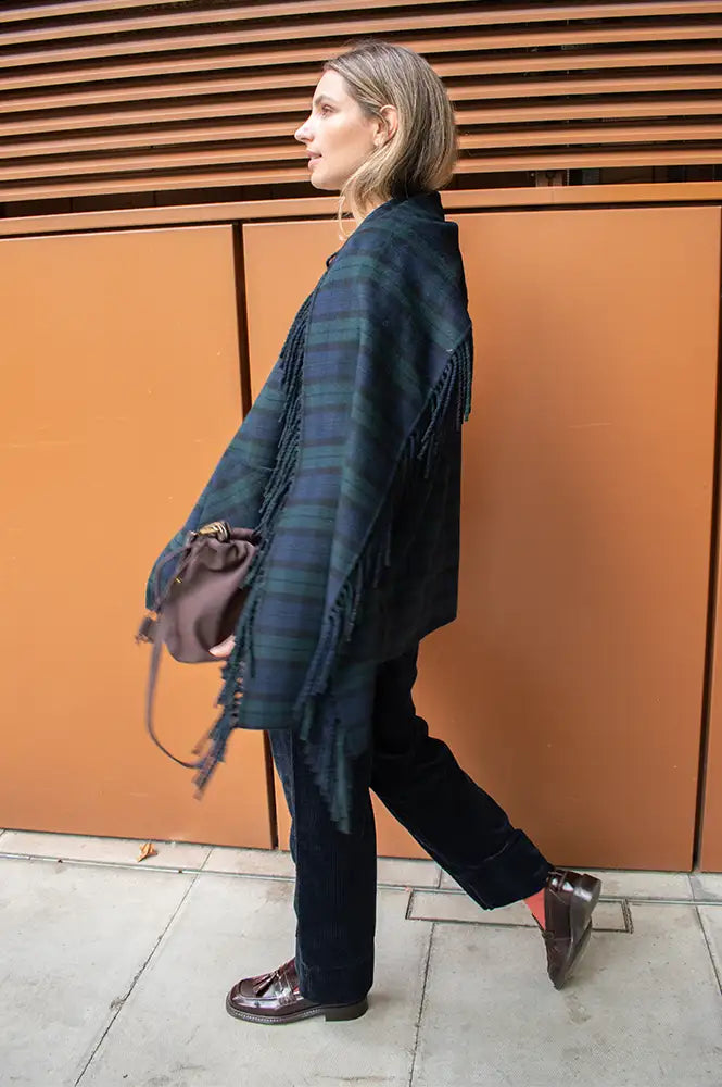 Yerse Checked Short Coat With Tasseled Scarf Detail