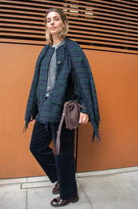 Yerse Checked Short Coat With Tasseled Scarf Detail