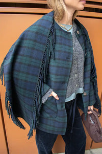 Yerse Checked Short Coat With Tasseled Scarf Detail