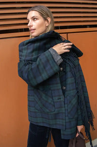 Yerse Checked Short Coat With Tasseled Scarf Detail