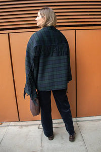Yerse Checked Short Coat With Tasseled Scarf Detail