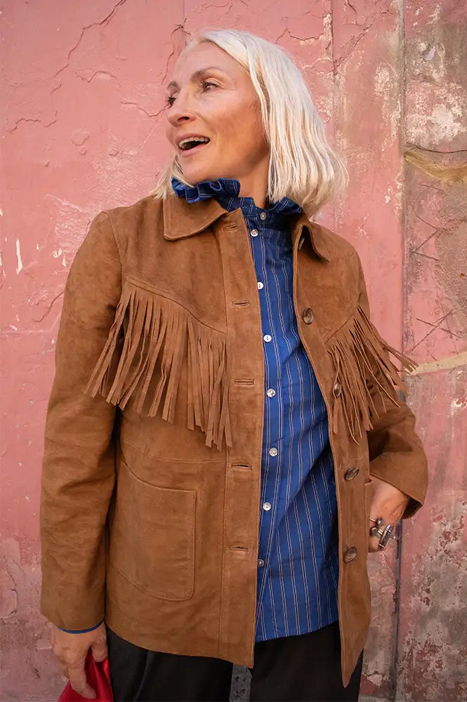 Yerse Camel Tassel Suede Jacket