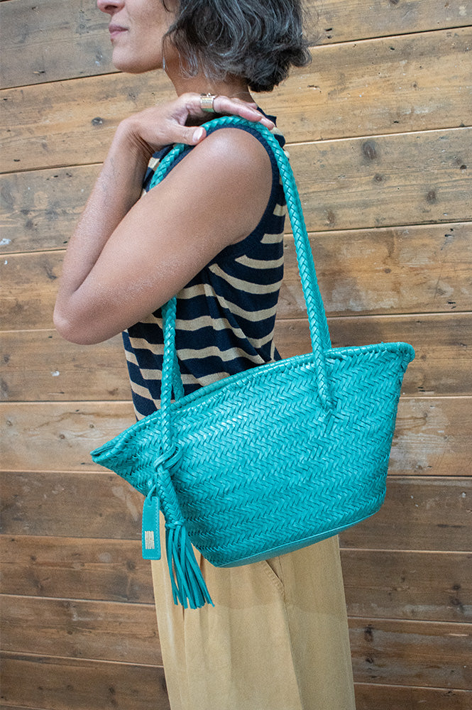Biba Perkins Teal Braided Leather Basket Bag - The Mercantile London