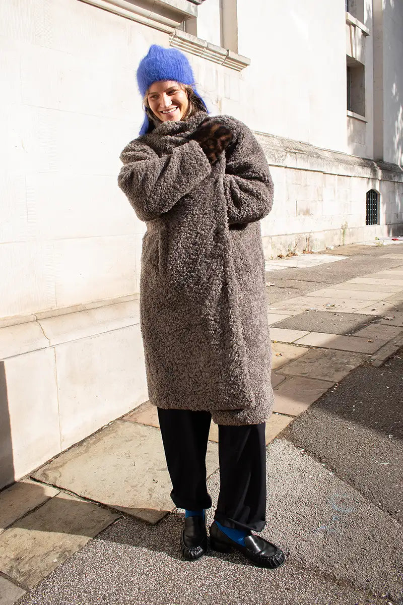ICHI Halavala Falcon Grey Shearling Coat - The Mercantile London