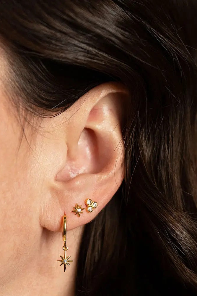 Close-up of an ear wearing gold star-shaped earrings with a blurred background