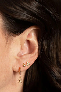 Close-up of an ear wearing gold star-shaped earrings with a blurred background