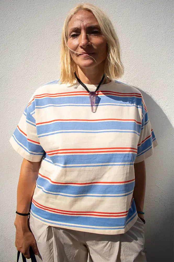 By Together Cream Blue Striped T-Shirt