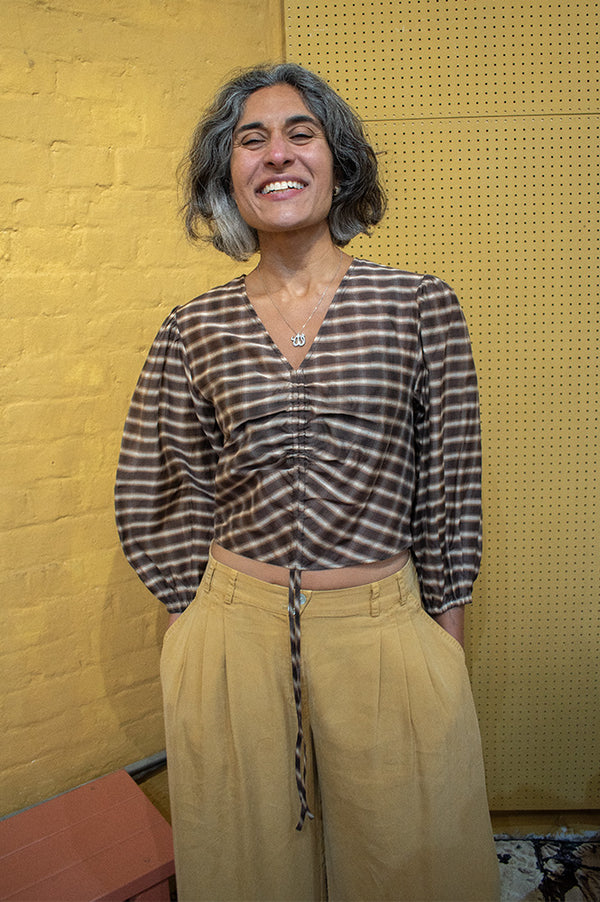 The Tiny Big Sister Brown Checks V-Neck Blouse - The Mercantile London