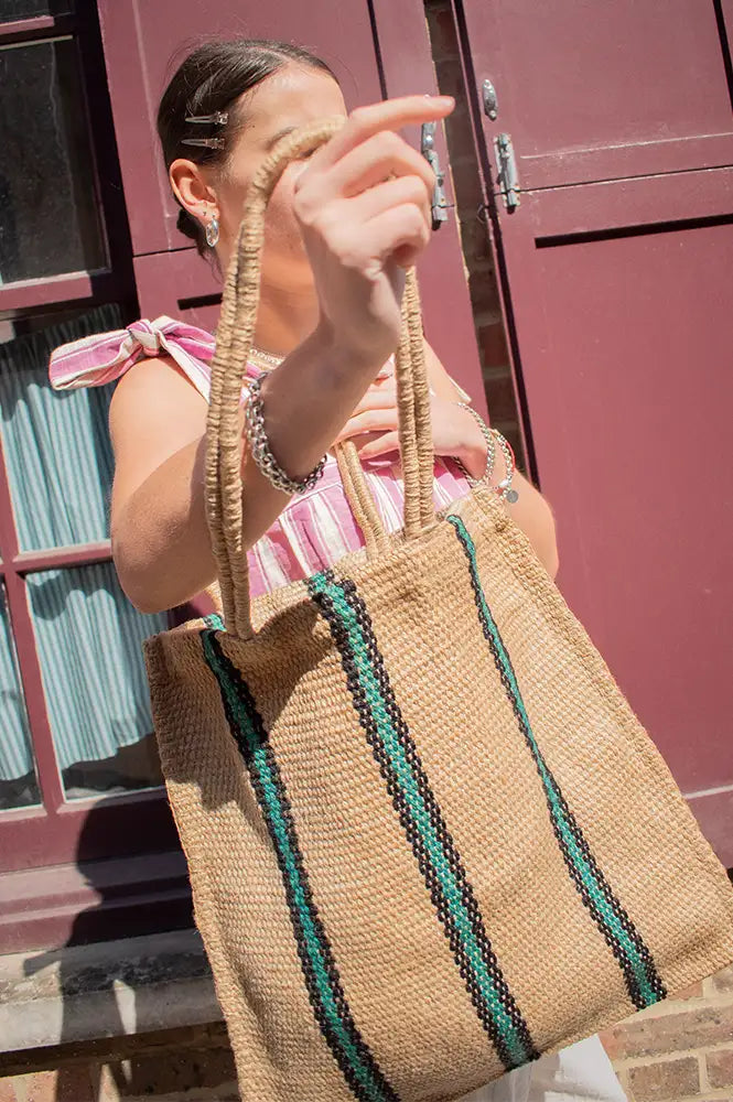 Turtle Bags Green & Black Striped Market Tote - The Mercantile London