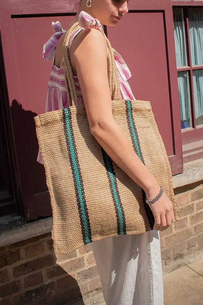 Turtle Bags Green & Black Striped Market Tote - The Mercantile London