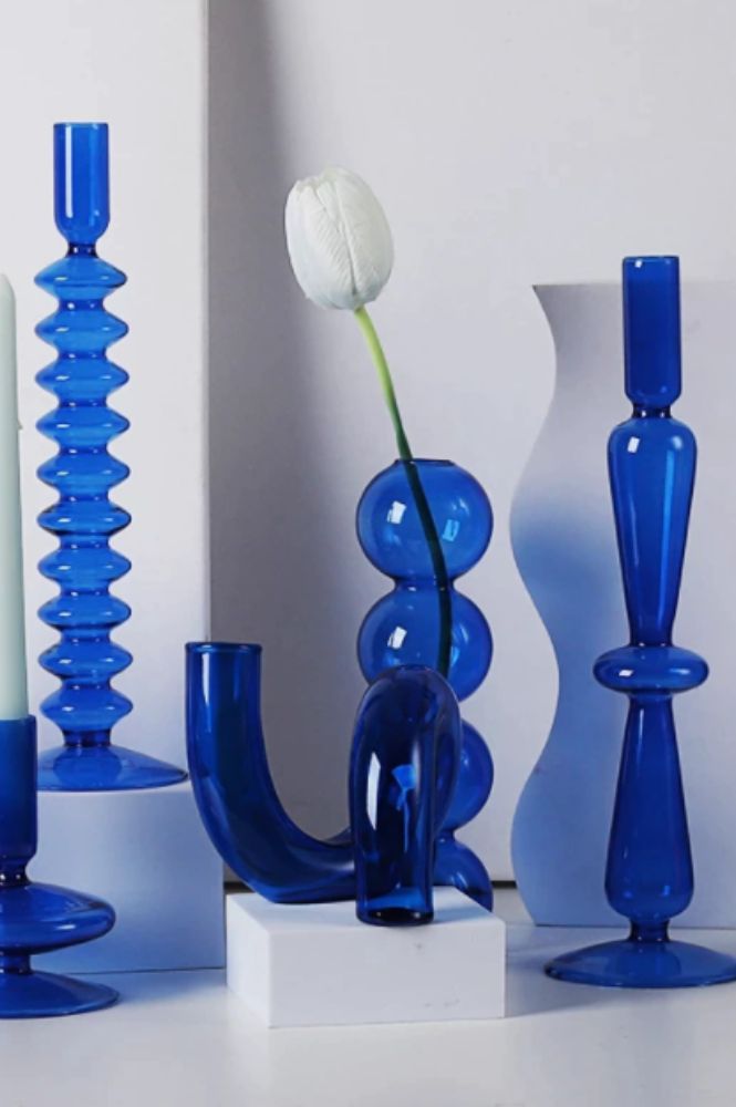 Ivore Blue Glass Twisted Candlestick Holder - The Mercantile London