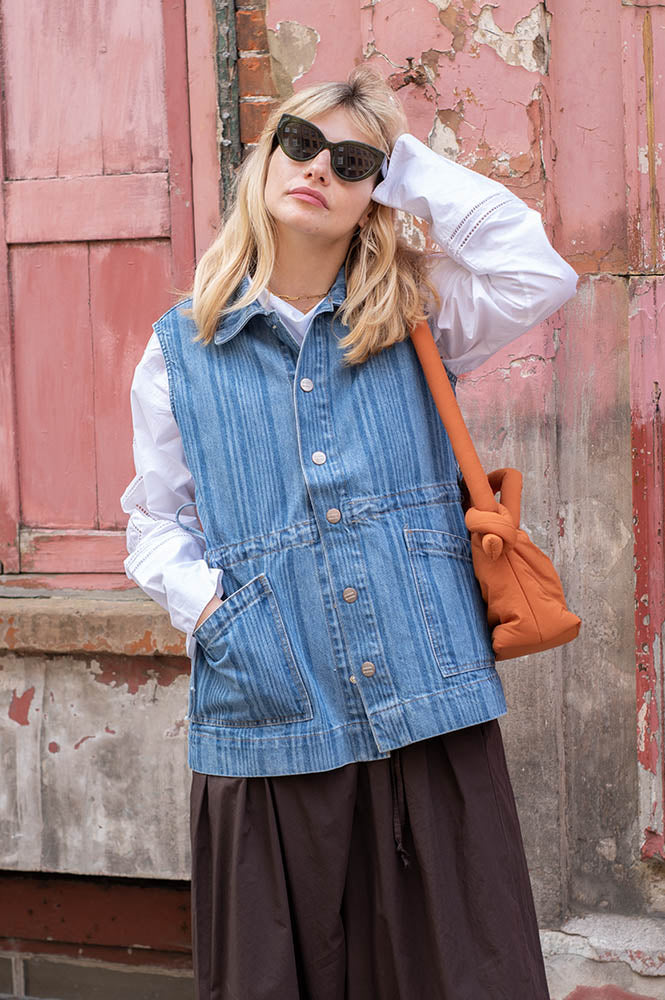 Damson Madder Hera Oversized Laser Stripe Gilet - The Mercantile London