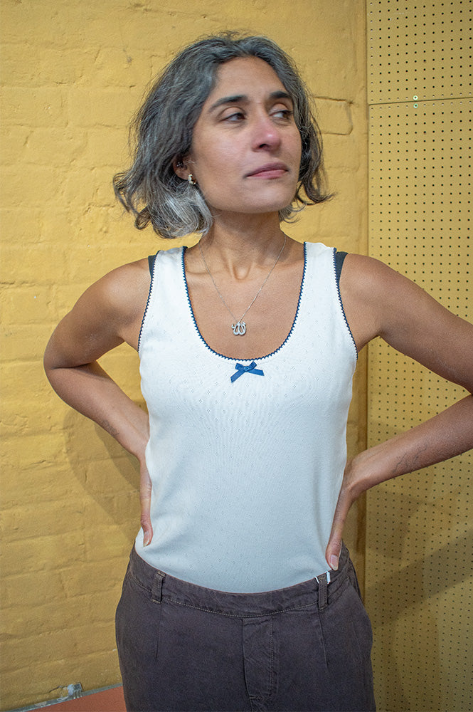 Yerse Pointelle & Navy Vest Top - The Mercantile London