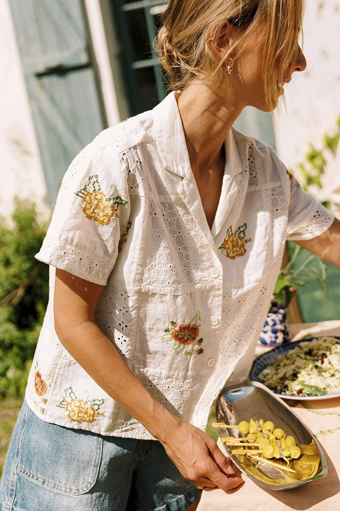 Indi & Cold White Cross-Stitch Patch Shirt - The Mercantile London