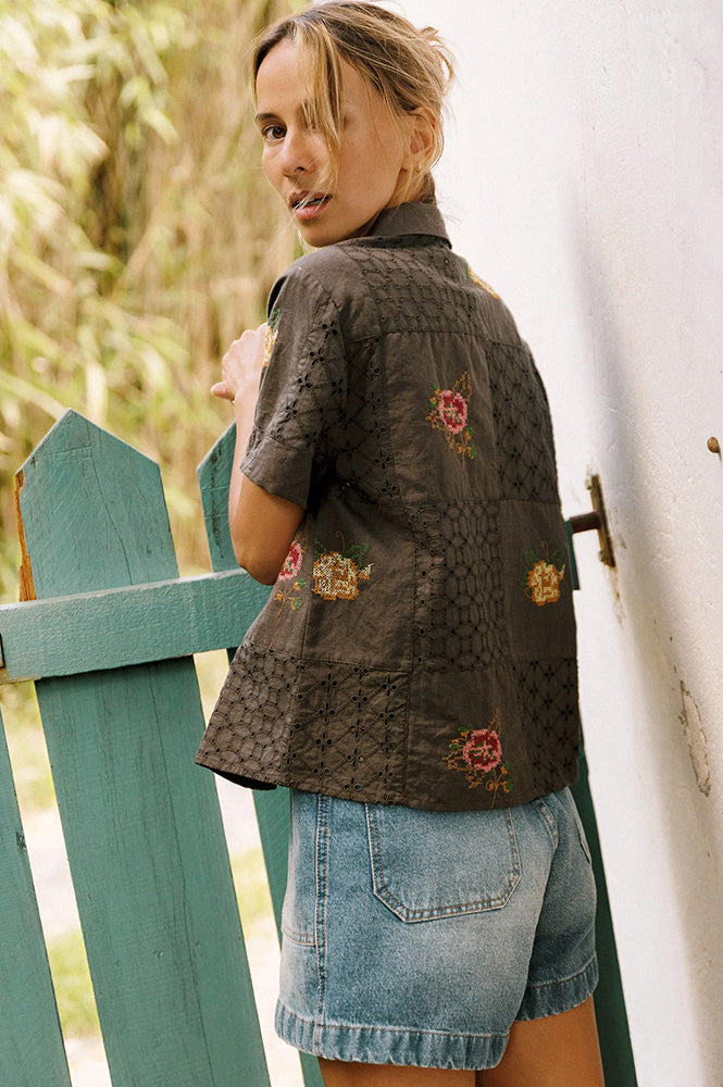 Indi & Cold Carbon Cross-Stitch Patch Shirt - The Mercantile London