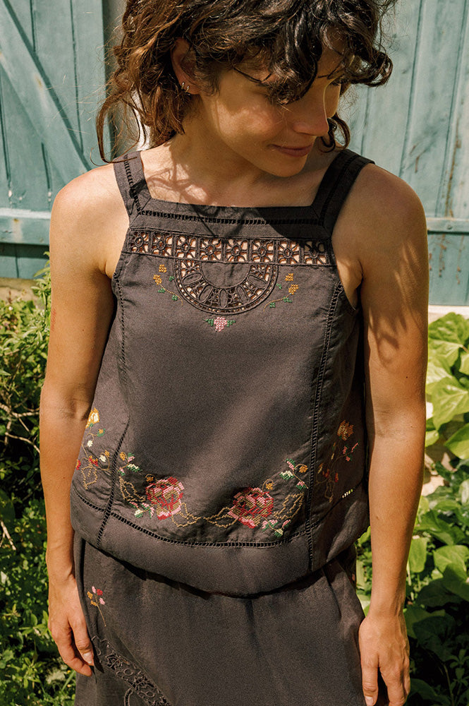Indi & Cold Carbon Cross-Stitch Vest - The Mercantile London