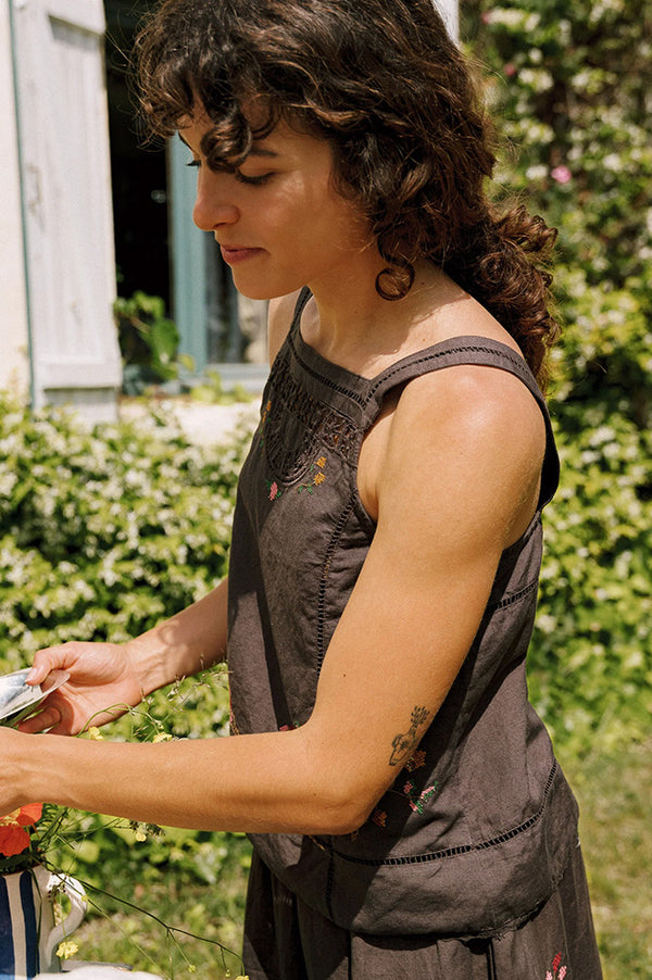 Indi & Cold Carbon Cross-Stitch Vest - The Mercantile London