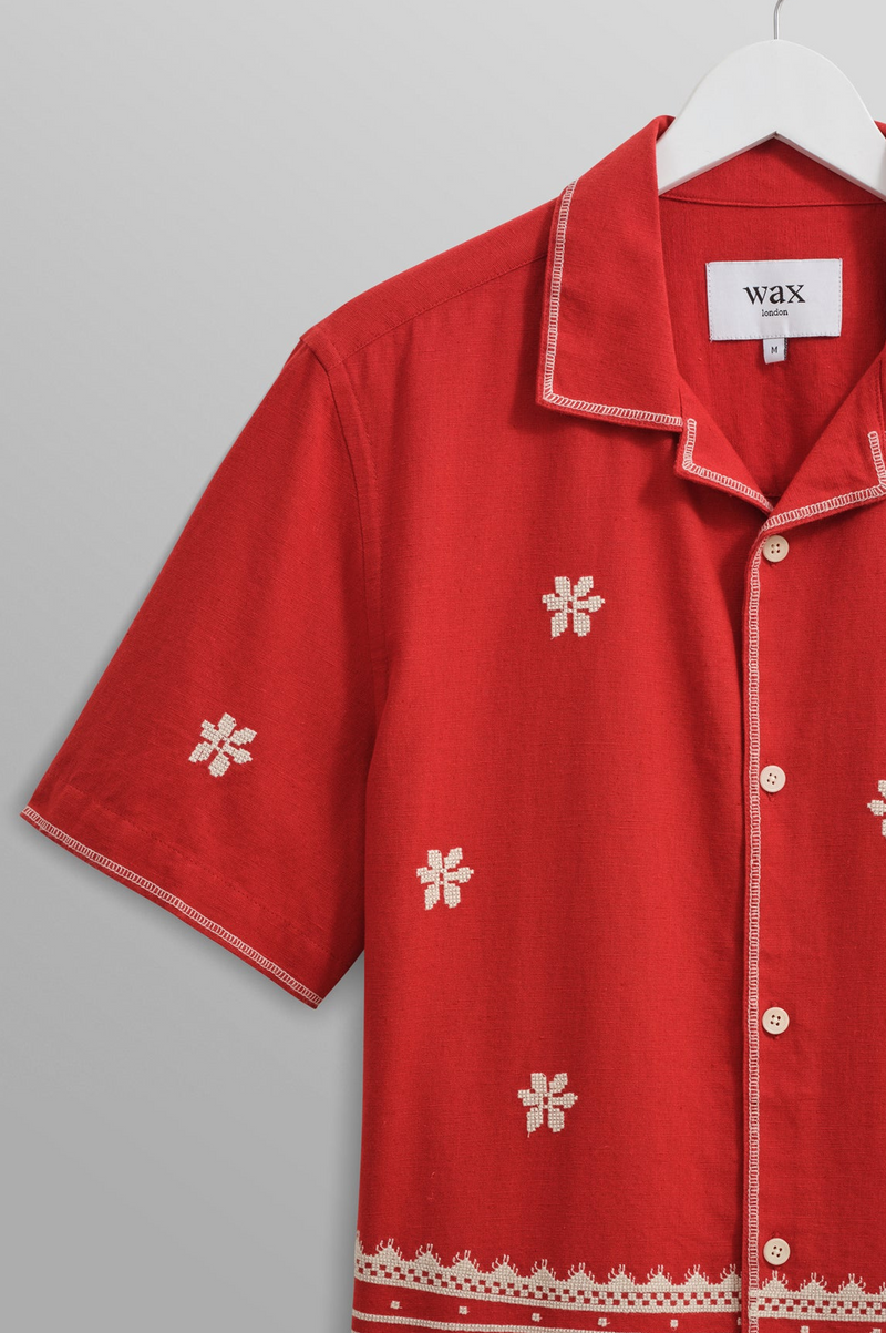 Wax Didcot Shirt Red and Ecru Daisy Embroidery - The Mercantile London